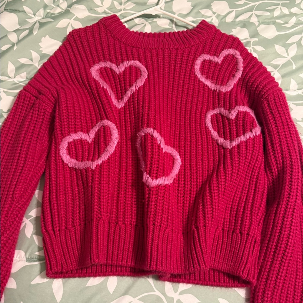 English Factory Red Sweater with Pink Heart Accents
